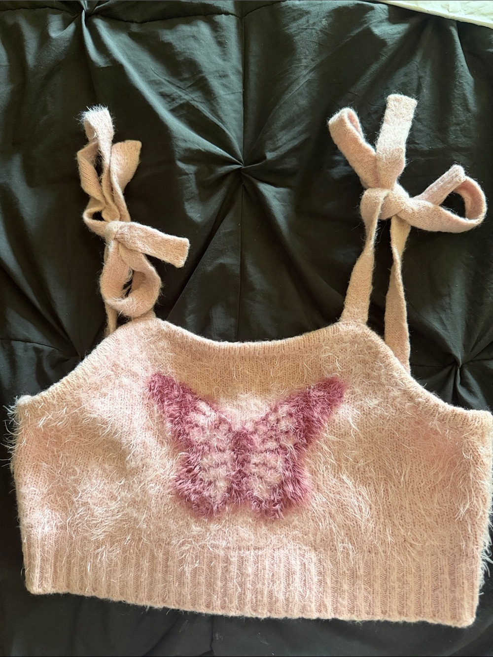 Sugar Thrillz Pink Fuzzy Butterfly Tie-Shoulder Crop Top